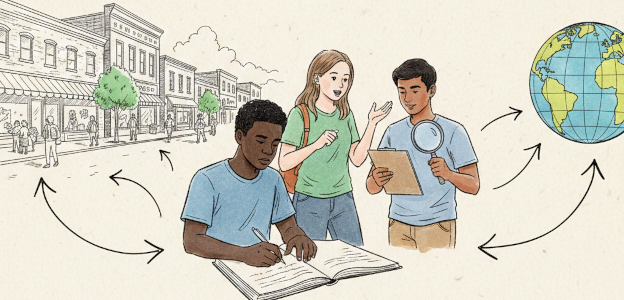 image of three students working with connections to the community and globe